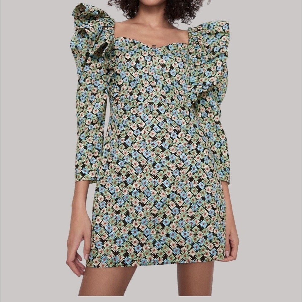 Zara Ruffle Daisy Dress Women XS Floral Puff Sleeve Poplin Cottagecore‎ Feminine